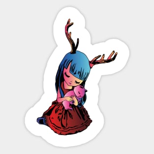 Girl with Antlers and Kitten Sticker